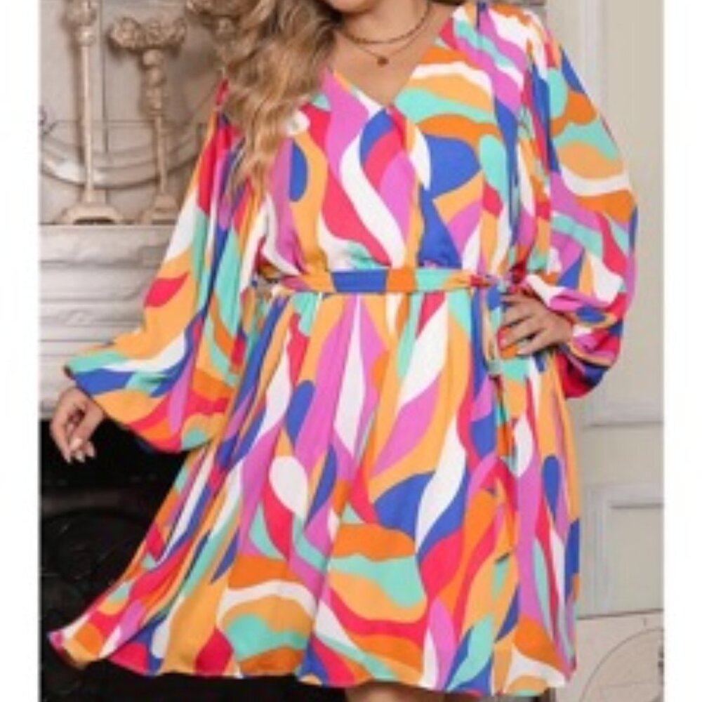 Plus Size Abstract Print Belted Oversized Sleeve Dress